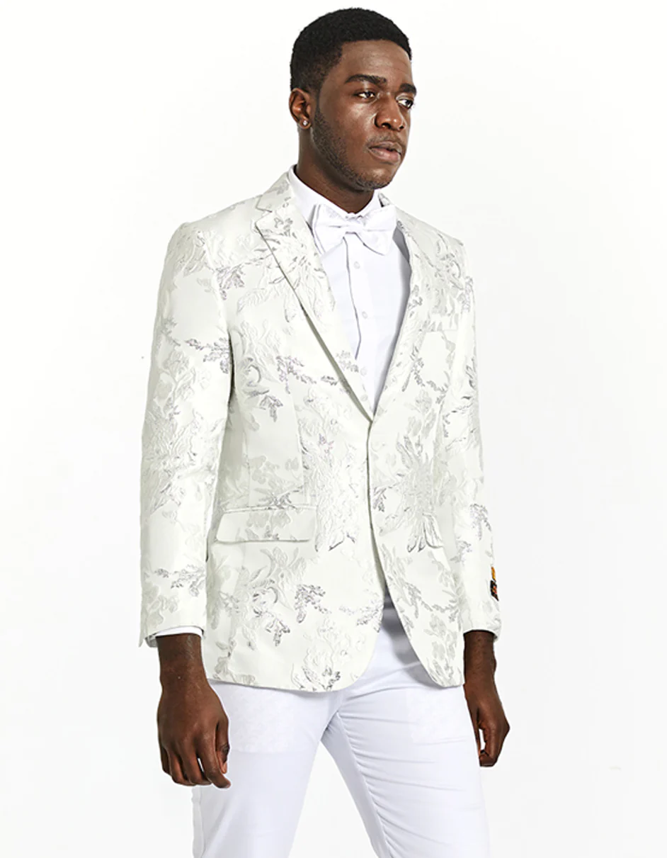 Best Mens Modern Fit White & Silver Floral Prom Tuxedo Blazer  - For Men  Fashion Perfect For Wedding or Prom or Business  or Church