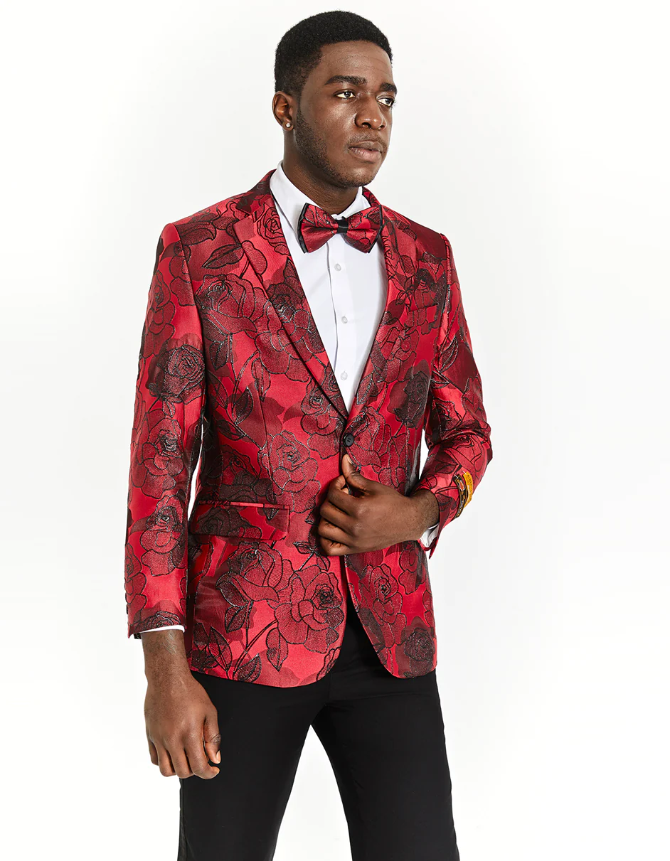 Best  Mens Black & Red Paisley Floral Prom Tuxedo Dinner Jacket  - For Men  Fashion Perfect For Wedding or Prom or Business  or Church