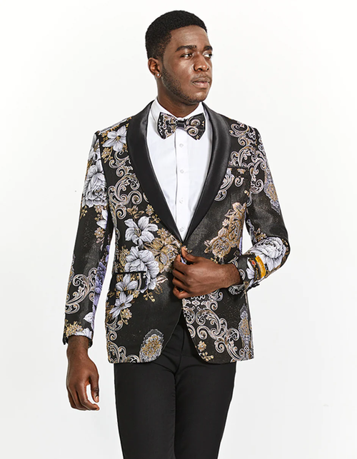 Best  Mens Slim Fit Prom 2026 Tuxedo Blazer in Black and Silver Floral Design - For Men  Fashion Perfect For Wedding or Prom 2026 or Business  or Church