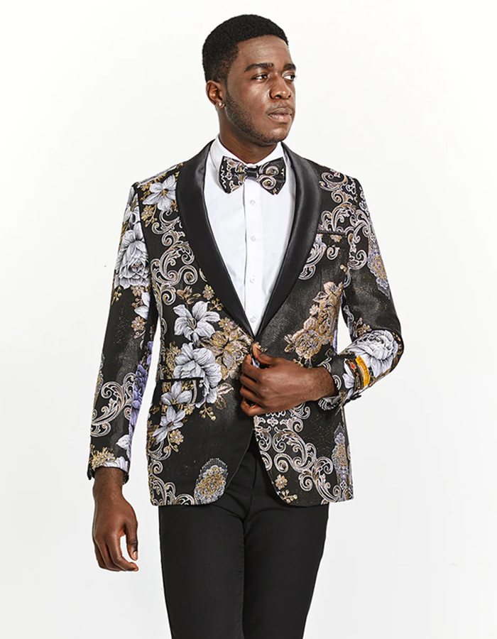 Best  Mens Slim Fit Prom 2026 Tuxedo Blazer in Black and Silver Floral Design - For Men  Fashion Perfect For Wedding or Prom 2026 or Business  or Church