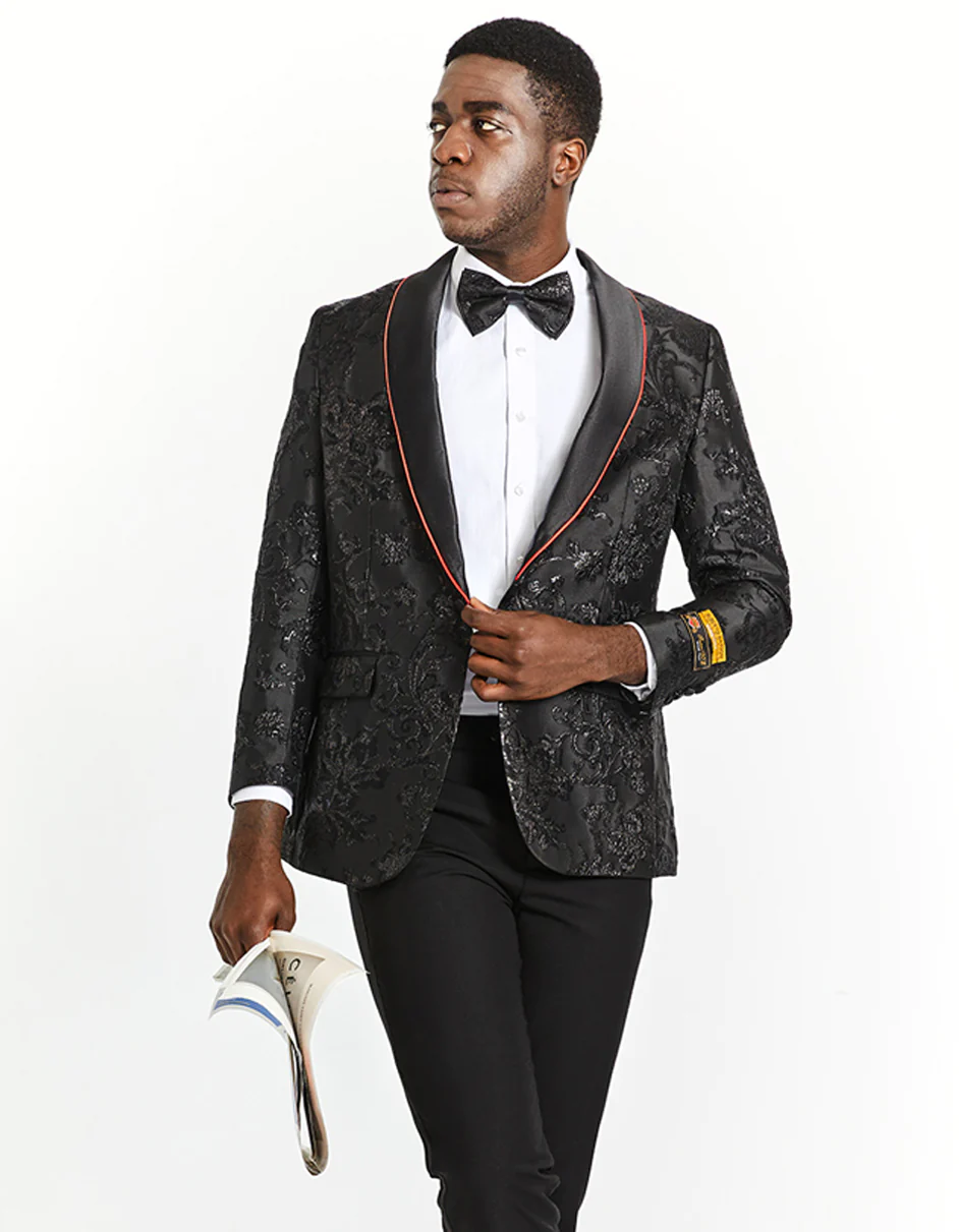 Best Mens Black Paisley Prom Tuxedo Blazer with Red Trim - For Men  Fashion Perfect For Wedding or Prom or Business  or Church