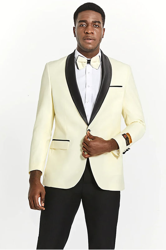 Best  Mens Modern Fit Ivory Prom 2025 Tuxedo Dinner Jacket with Black Shawl Lapel - For Men  Fashion Perfect For Wedding or Prom 2025 or Business  or Church