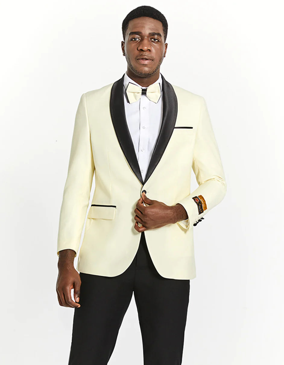 "Mens Modern Fit Ivory Prom Tuxedo Suit Dinner Jacket with Black Shawl Lapel"