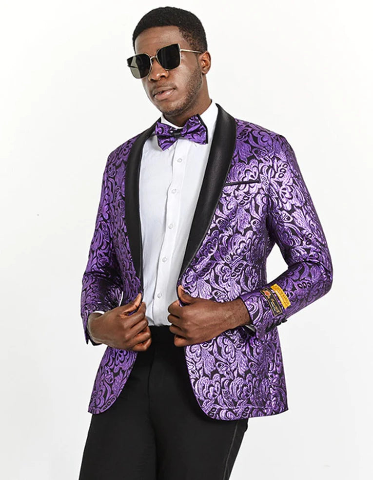 Mens Black & Purple Paisley Prom Tuxedo Smoking Jacket