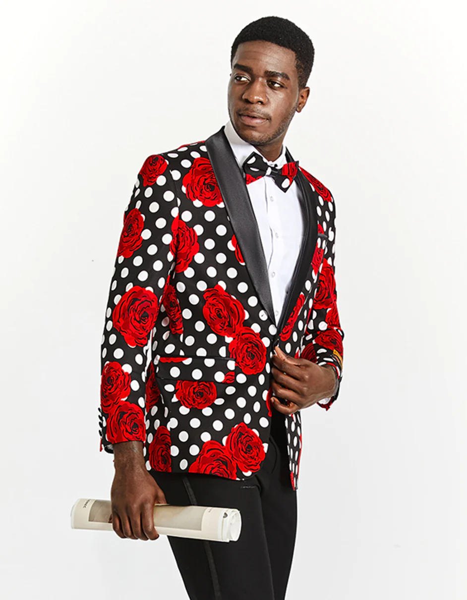 Best  Mens Black & White Polka Dot Prom Tuxedo Blazer with Red Roses - For Men  Fashion Perfect For Wedding or Prom or Business  or Church