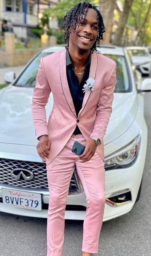 Mens Slim Fit Pink Tuxedo Suit with Black Trim â€“ Modern Wedding and Prom Outfit in Rose Gold Blush Color