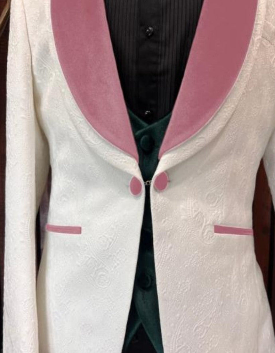 WHITE AND PINK TUXEDO - PROM SUIT (JACKET + PANTS + VEST + BOWTIE PACKAGE - 34 Short or Extra Small