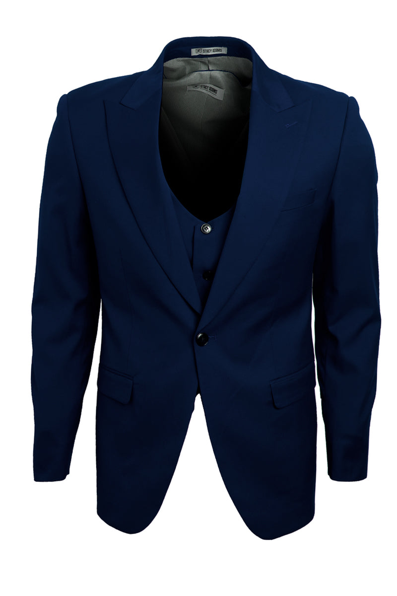 "Stacy Adams Men's Navy Blue Suit with Vested One Button Peak Lapel"