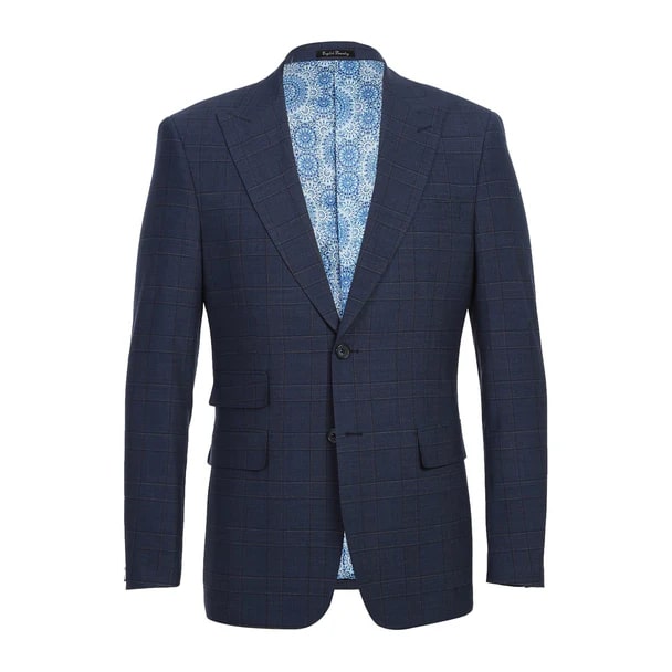 English Laundry Suits  Designer Brand - Wool Stretch Double Breasted Slim Fit Prussian Blue Windowpane Suit by English Laundry - Coat Size 38