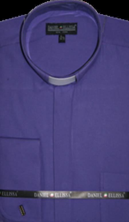 Best Cheap Priced Designer Sale Banded Collar Preacher Round Style Clergy Mandarin Collarless - French Cuff Purple Men's Dress Shirt