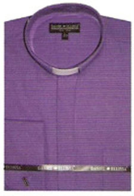 Men's Mandarin Collarless Preacher Round Style Purple Shirts~Poly&Cotton Fabric Dress Men's Dress Shirt - Small 14.5" Neck / 32-33'" Sleeve