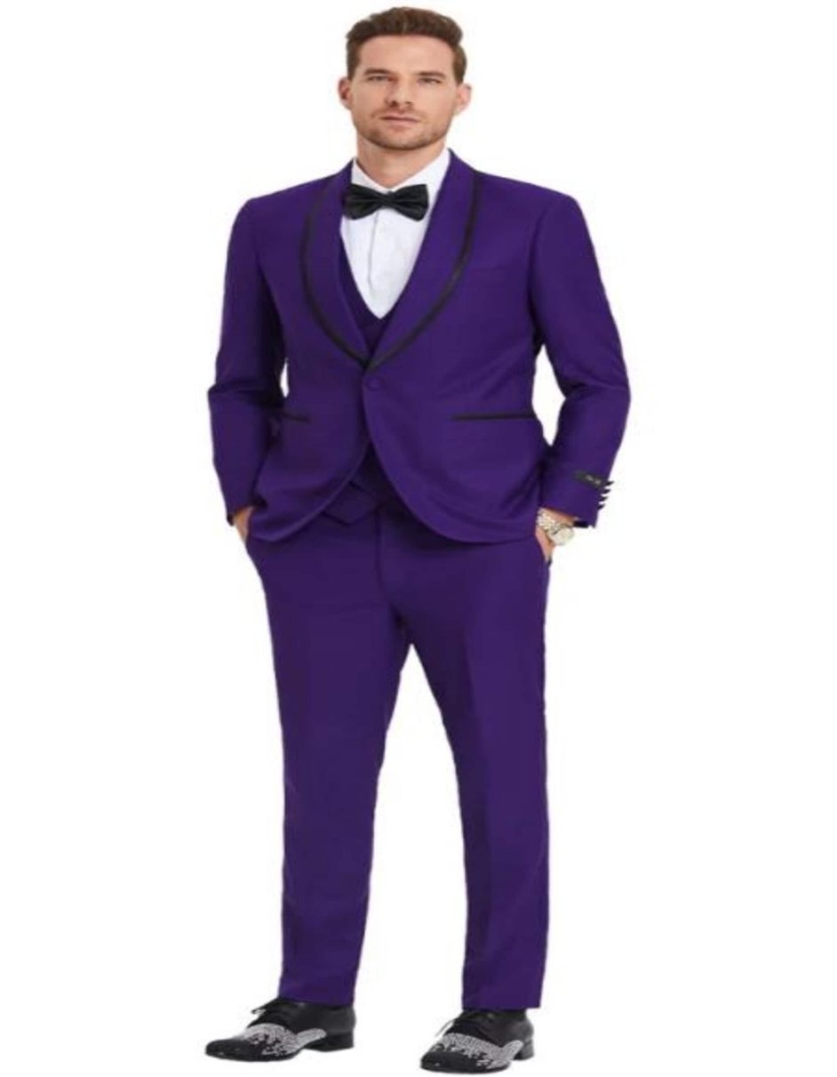 Mens One Button Vested Shawl Tuxedo in Purple Birdseye with Black Satin Trim - Coat Size 38