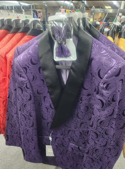Paisley Tuxedo Dinner Jacket - Purple Mens Blazer + Bowtie - Prom 2026 Jackets