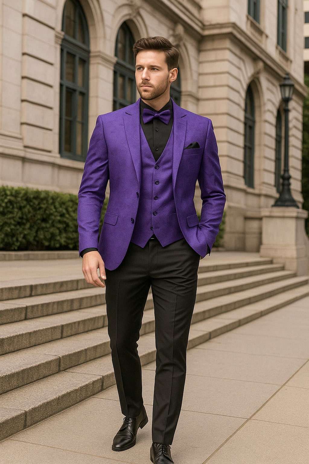 Men’s Purple Paisley Tuxedo Suit – 3 Piece Formal Set with Vest and Bow Tie - 34 Short or Extra Small