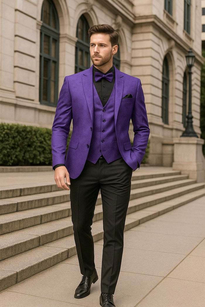 Mens Purple Paisley Tuxedo Suit 3 Piece Formal Set with Vest and Bow Tie