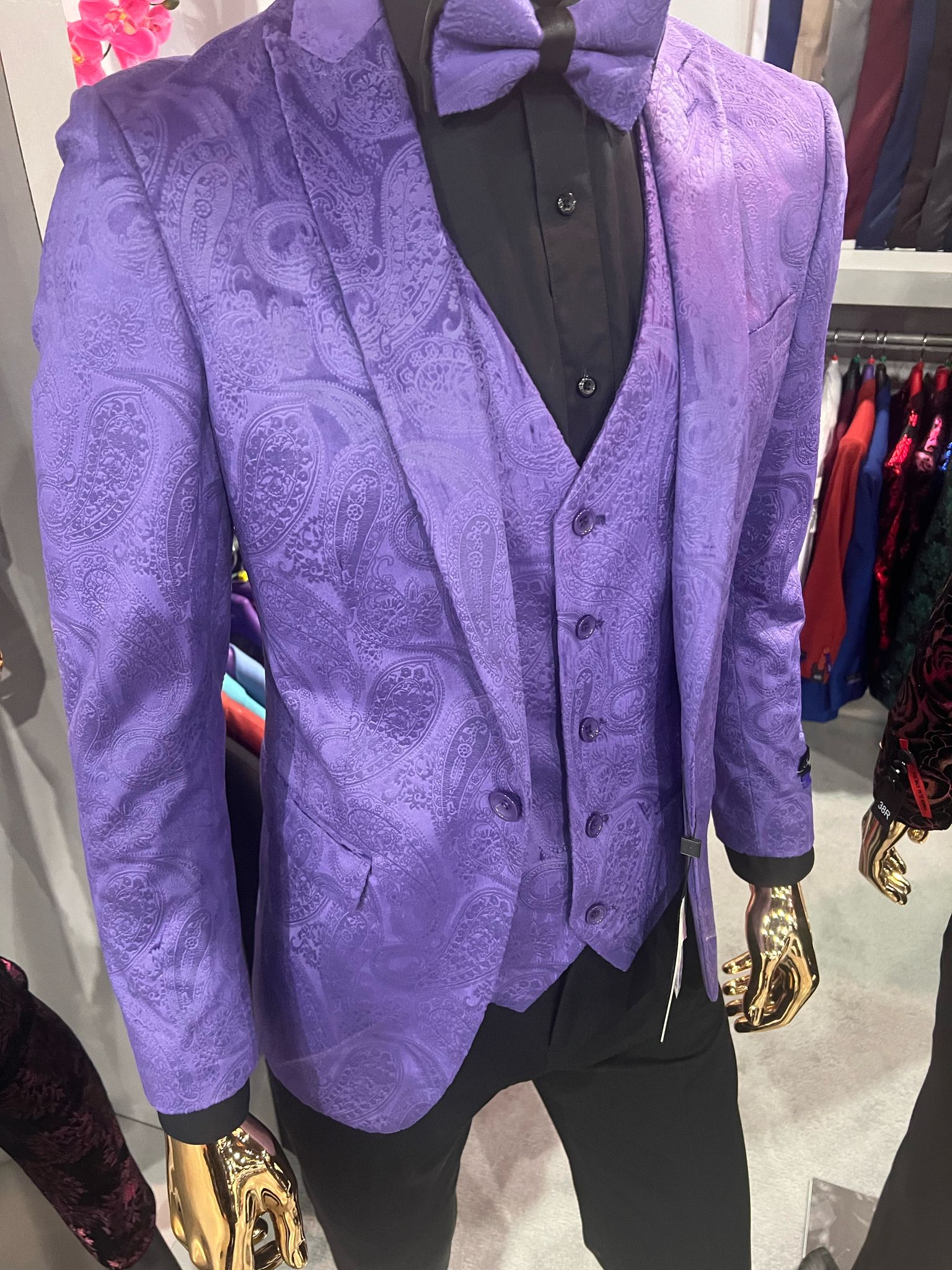Men’s Purple Paisley Tuxedo Suit – 3 Piece Formal Set with Vest and Bow Tie - 34 Short or Extra Small