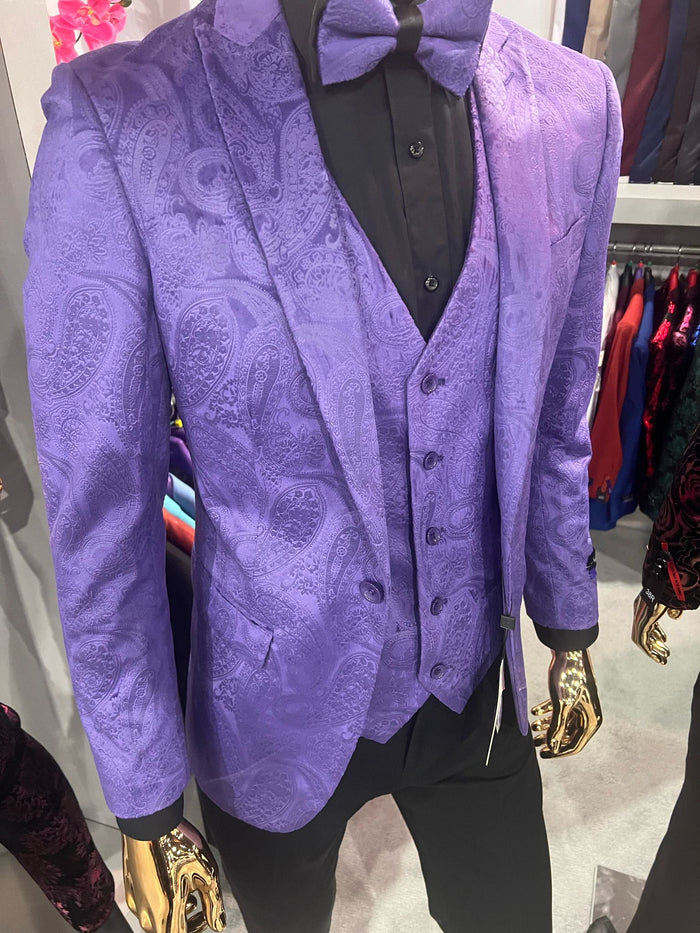 Mens Purple Paisley Tuxedo Suit 3 Piece Formal Set with Vest and Bow Tie