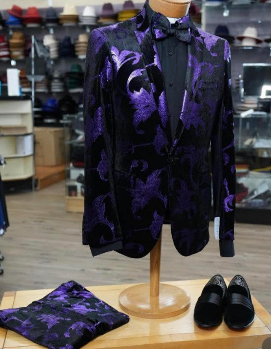 Mardi Gras Suit - Purple and Black Paisley Tuxedo Dinner Jacket + Matching Pants - Slim Fitted - 34 Short or Extra Small