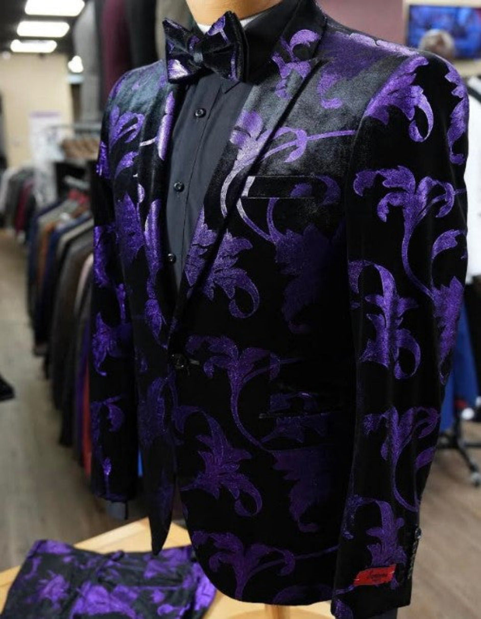 Mardi Gras Suit - Purple and Black Paisley Tuxedo Dinner Jacket + Matching Pants - Slim Fitted - 34 Short or Extra Small