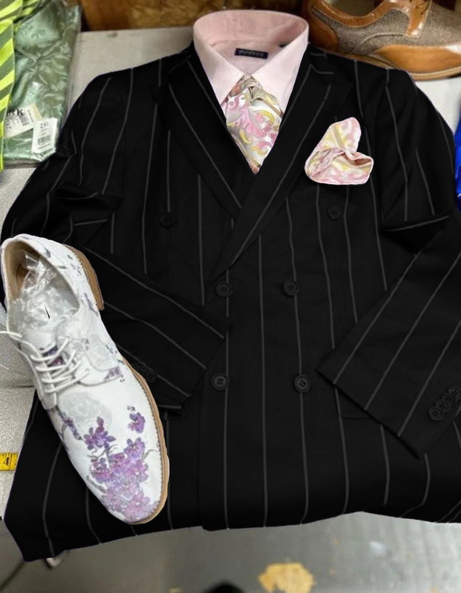 Mens Double Breasted Blazer Suit Jacket - Bold Pinstripe Sport Coat in Purple and White Pinstripe - 36