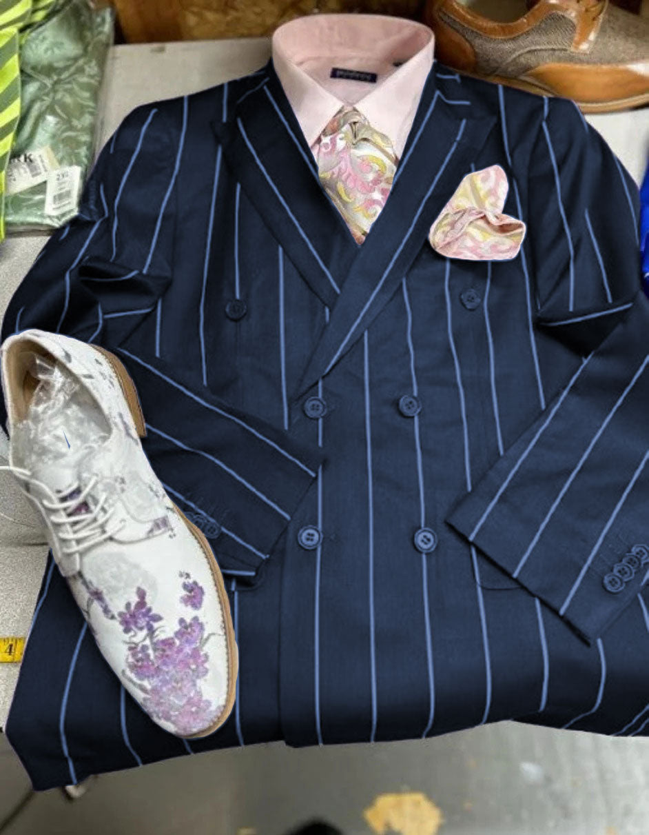 Mens Double Breasted Blazer Suit Jacket - Bold Pinstripe Sport Coat in Purple and White Pinstripe - 36