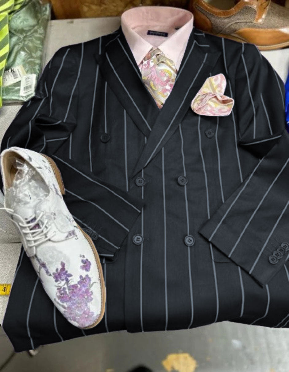 Mens Double Breasted Blazer Suit Jacket - Bold Pinstripe Sport Coat in Purple and White Pinstripe - 36