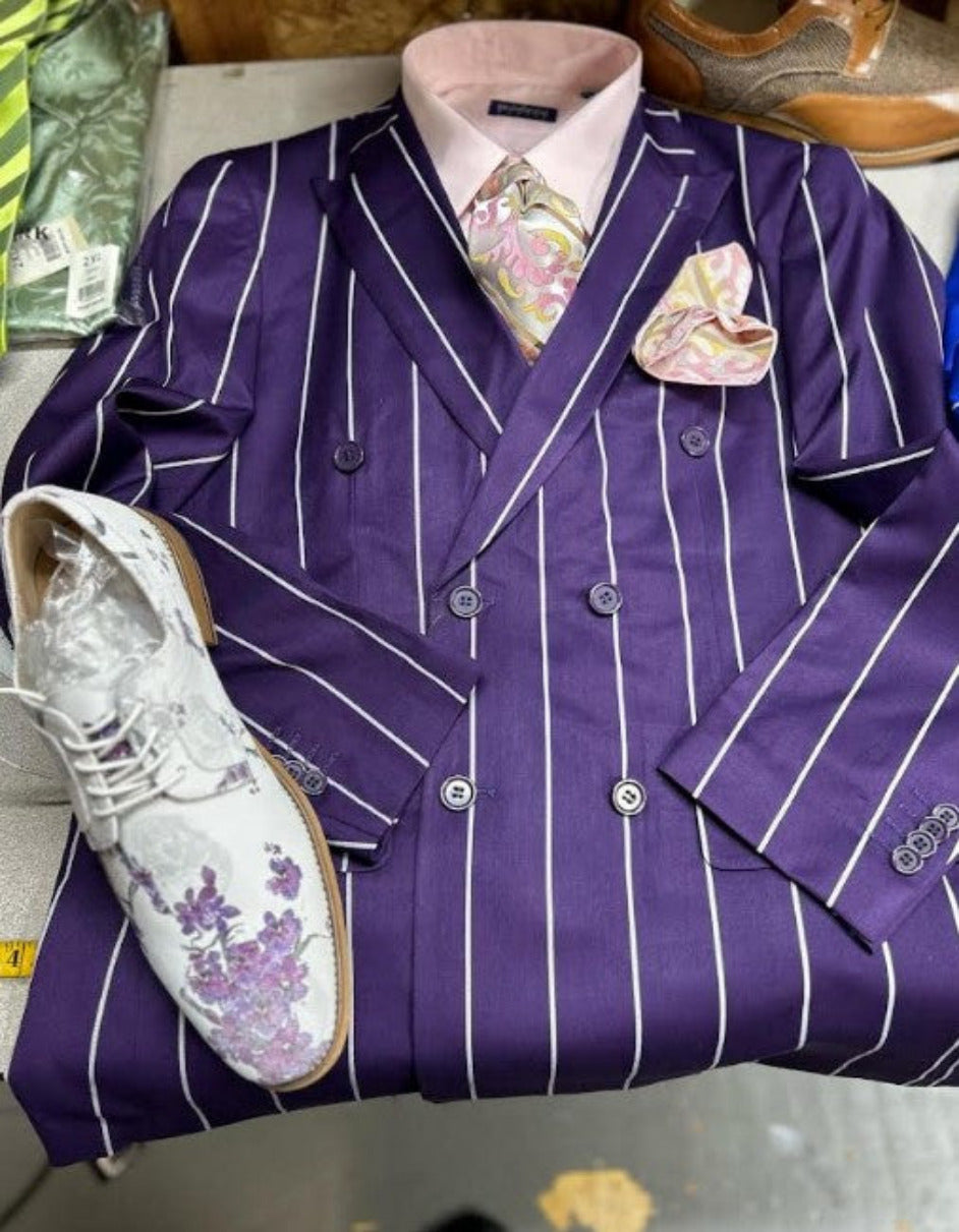 Mens Double Breasted Blazer Suit Jacket - Bold Pinstripe Sport Coat in Purple and White Pinstripe - 36