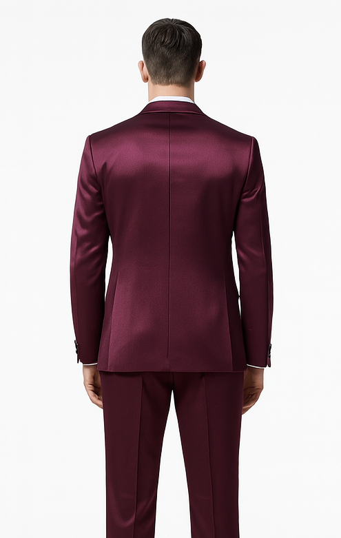 Men's Purple Satin Slim Fit 3 Piece Tazzio Suit with Peak Lapel and Double Breasted Vest â€“ Stylish Formalwear