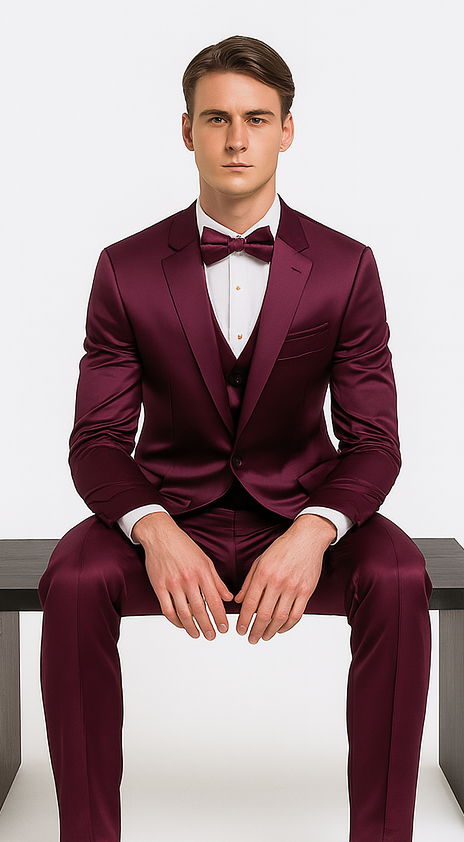 Men's Purple Satin Slim Fit 3 Piece Tazzio Suit with Peak Lapel and Double Breasted Vest â€“ Stylish Formalwear