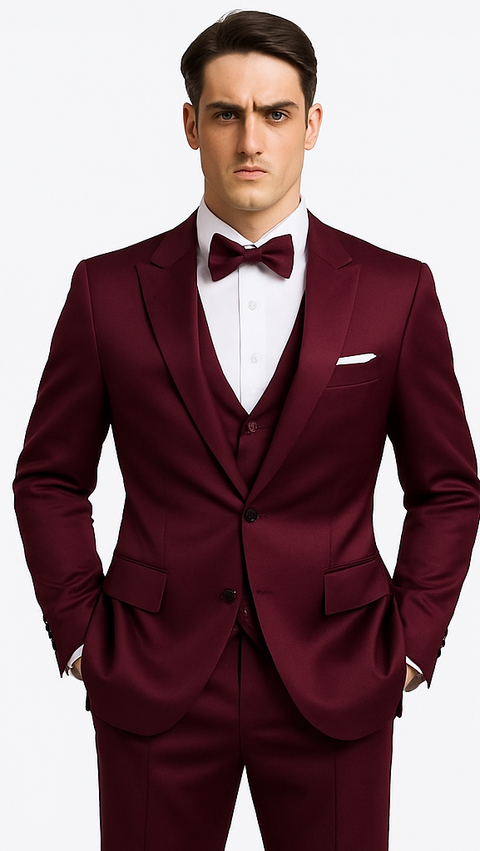 Men's Purple Satin Slim Fit 3 Piece Tazzio Suit with Peak Lapel and Double Breasted Vest â€“ Stylish Formalwear