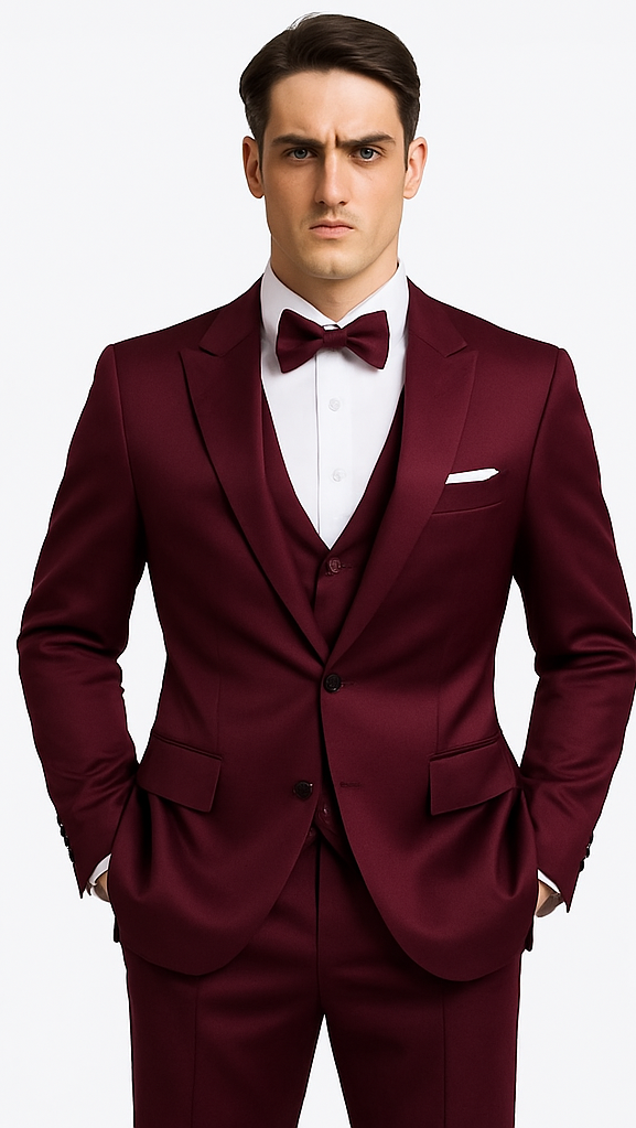 Men's Purple Satin Slim Fit 3 Piece Tazzio Suit with Peak Lapel and Double Breasted Vest â€“ Stylish Formalwear