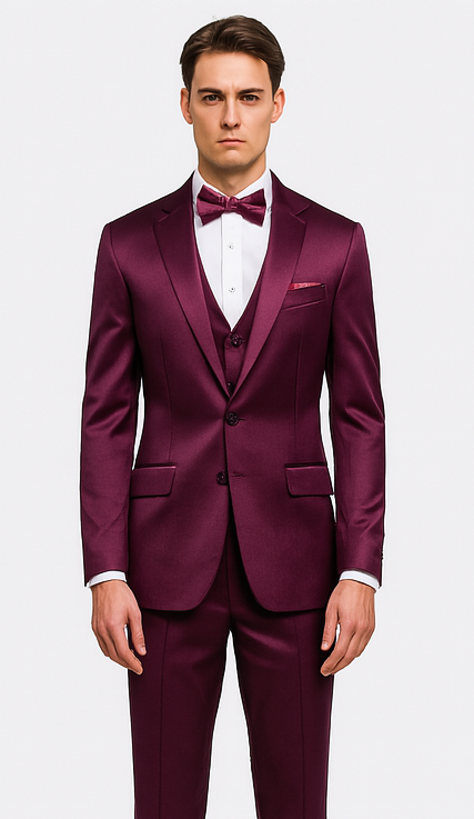 Men's Purple Satin Slim Fit 3 Piece Tazzio Suit with Peak Lapel and Double Breasted Vest â€“ Stylish Formalwear