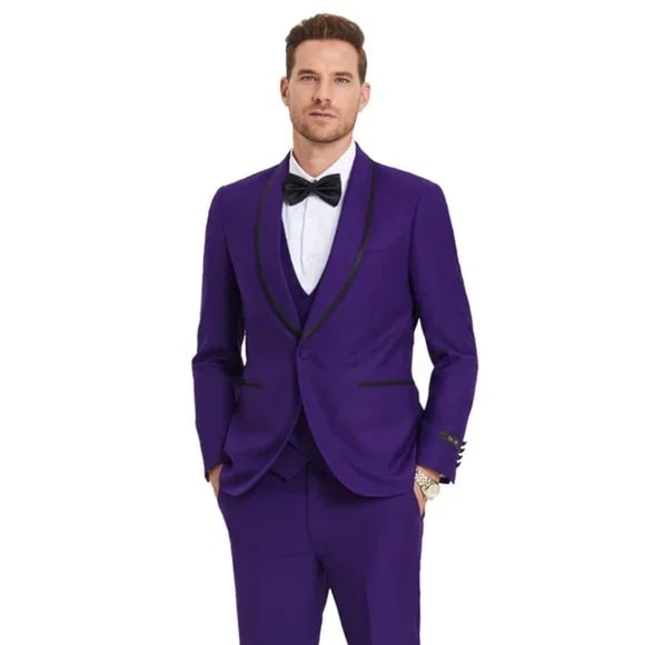 New Tazio Birdseye Textured Purple Tuxedo | Shawl Collar Satin Trim 3-Piece - 38 Short Jacket+32 Waist Adjustable 28to34)(Height: 5 4 to5 7 )(Neck  15-16.5)S-M)