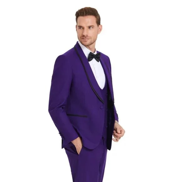 New Tazio Birdseye Textured Purple Tuxedo | Shawl Collar Satin Trim 3-Piece