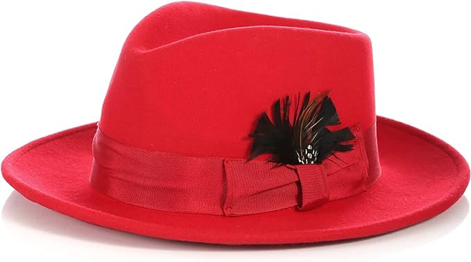 Gangster 100% Australian Wool Crushable Mens Fedora Hat - Removable Feather Gangster Red Mens Fedora Hat - S