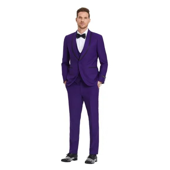 New Tazio Birdseye Textured Purple Tuxedo | Shawl Collar Satin Trim 3-Piece