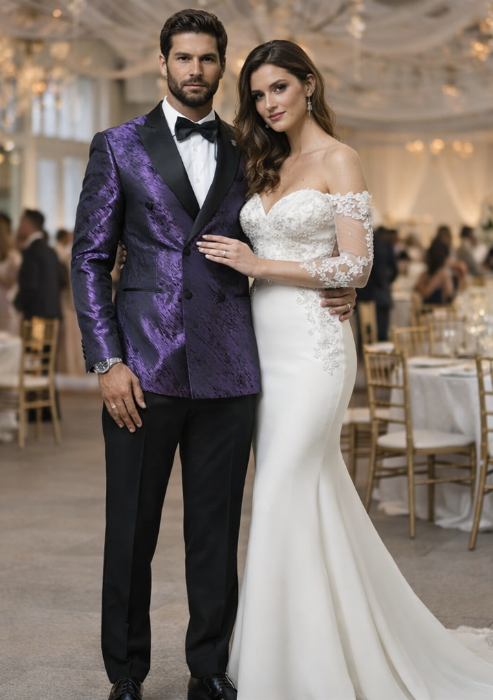 Men’s Purple Jacquard Double-Breasted Tuxedo Jacket with Satin Peak Lapel - XS