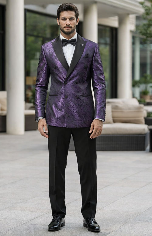 Mens Purple Jacquard Double-Breasted Tuxedo Jacket with Satin Peak Lapel