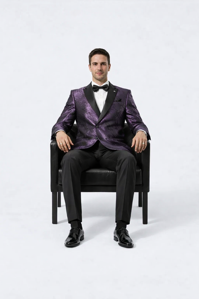 Mens Purple Jacquard Double-Breasted Tuxedo Jacket with Satin Peak Lapel