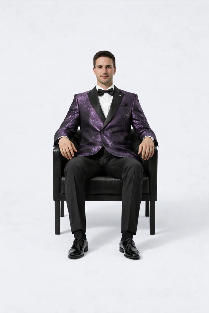 Mens Purple Jacquard Double-Breasted Tuxedo Jacket with Satin Peak Lapel