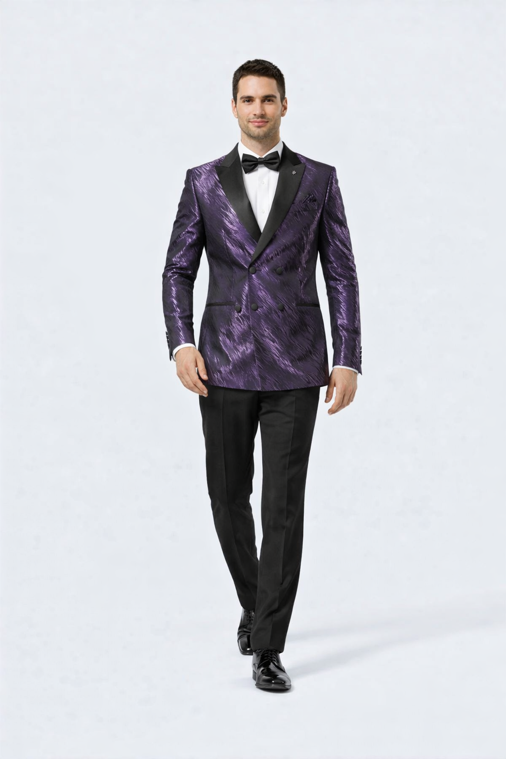 Men’s Purple Jacquard Double-Breasted Tuxedo Jacket with Satin Peak Lapel - XS