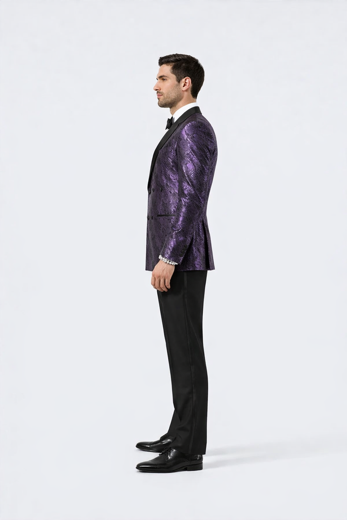 Mens Purple Jacquard Double-Breasted Tuxedo Jacket with Satin Peak Lapel
