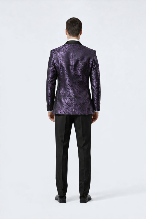 Mens Purple Jacquard Double-Breasted Tuxedo Jacket with Satin Peak Lapel