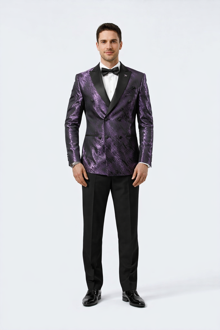 Mens Purple Jacquard Double-Breasted Tuxedo Jacket with Satin Peak Lapel