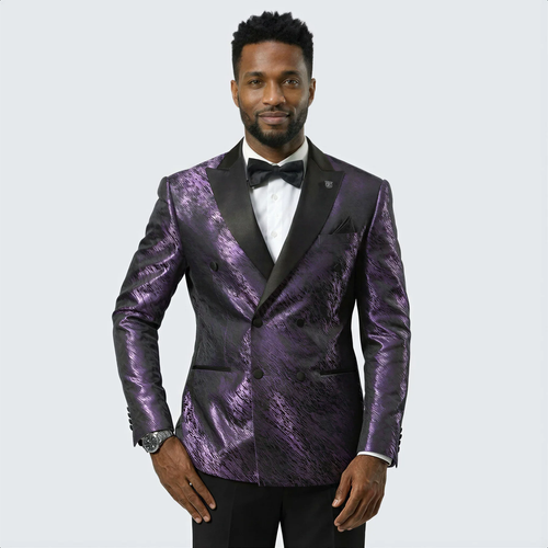 Mens Purple Jacquard Double-Breasted Tuxedo Jacket with Satin Peak Lapel