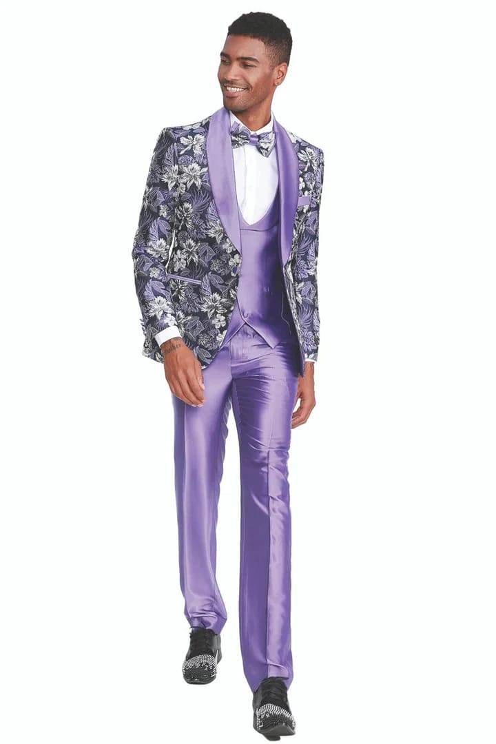 Men's Slim Fit One Button Vested Paisley Shawl Lapel Prom Tuxedo in Purple