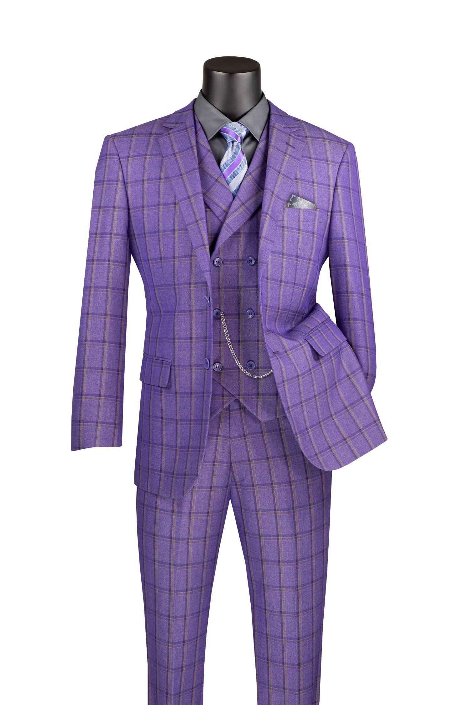 La Scale Collection-Windowpane Three Piece Suit - Purple - 36 Short  - 30 Waist