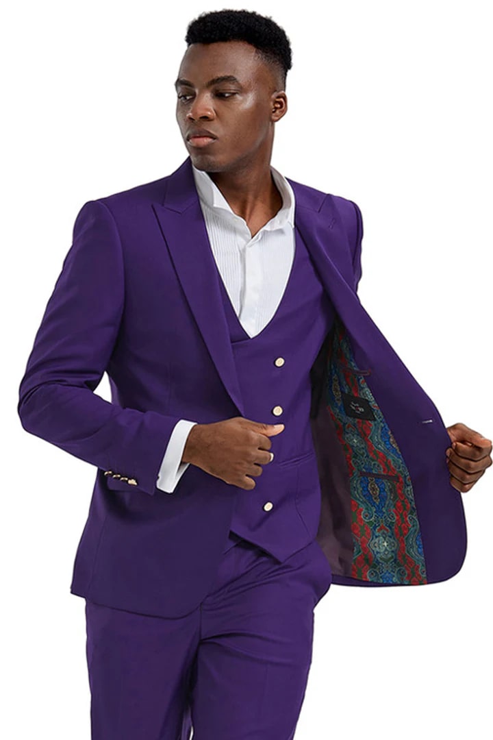 Cheap Suit - Men's One Button Peak Lapel Vested Purple Suit With Gold Buttons