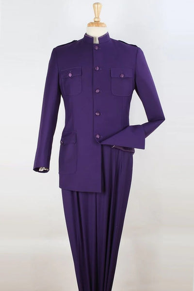 Cheap Priced Suit - Mens Five Button Military Insired Mandarin Banded Safari Purple Suit