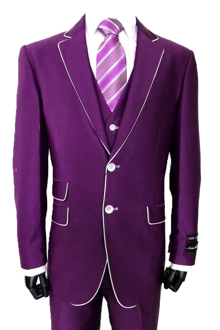 Cheap Suit - Mens Vested Slim Fit Shiny Sharkskin Tuxedo Suit In Purple With White Piping - 38 Short Jacket+32 Waist Adjustable 28to34)(Height: 5 4 to5 7 )(Neck  15-16.5)S-M)